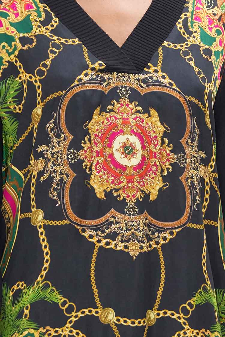 V Neck Silk Front Jumper in Jealousy & Jewels