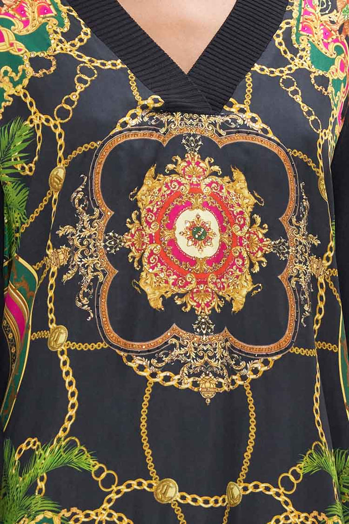V Neck Silk Front Jumper in Jealousy & Jewels