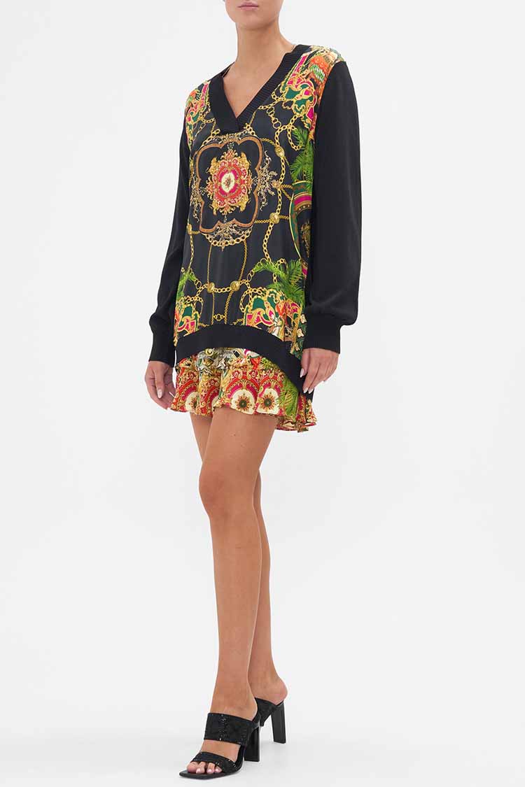 V Neck Silk Front Jumper in Jealousy & Jewels