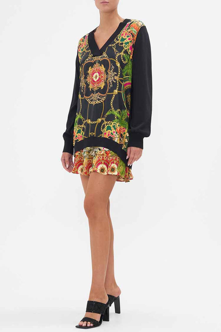 V Neck Silk Front Jumper in Jealousy & Jewels