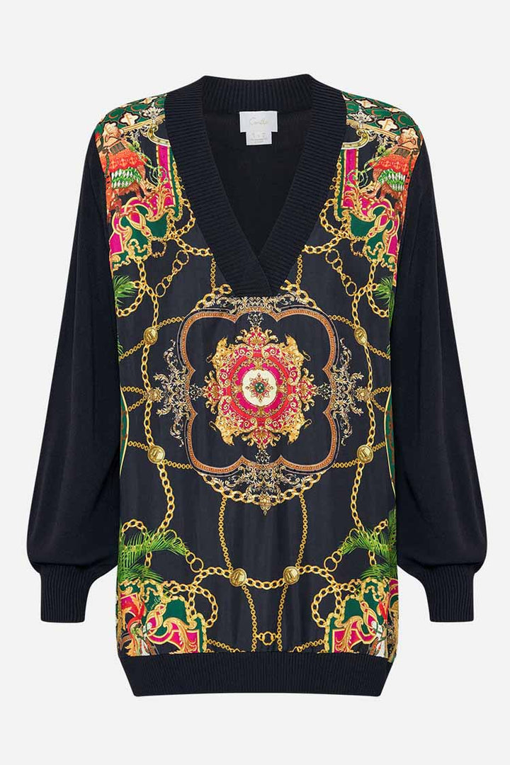 V Neck Silk Front Jumper in Jealousy & Jewels