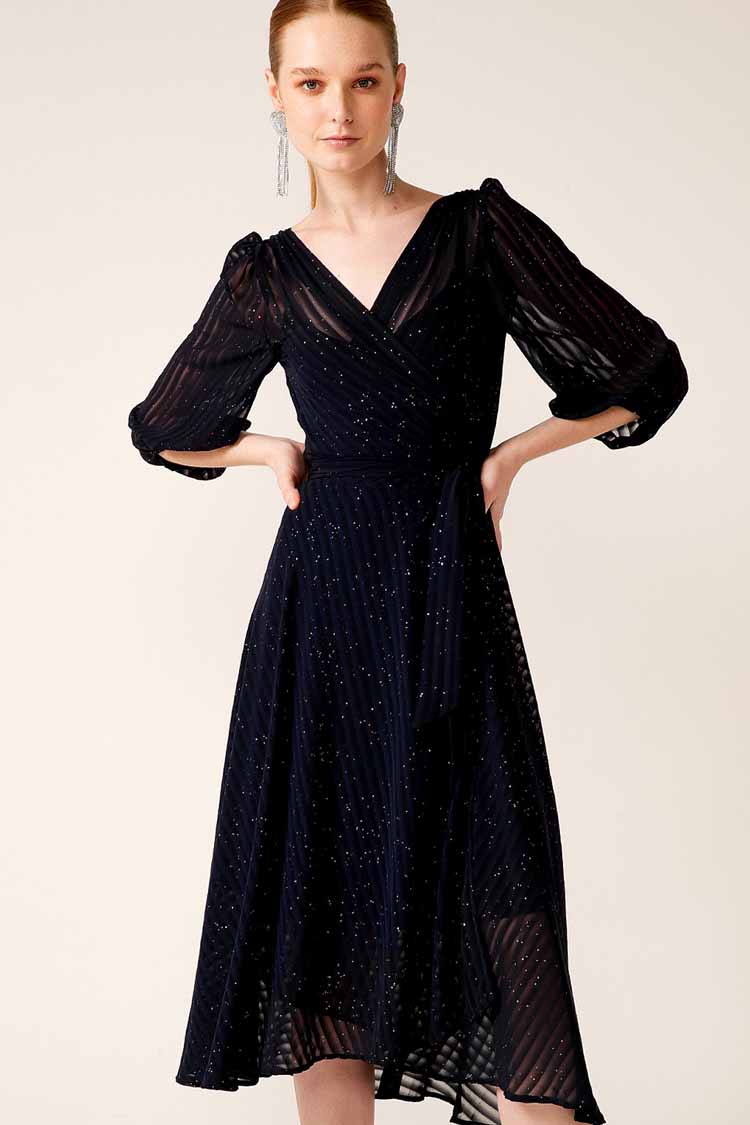 Vivienne Wrap Sparkle Dress in Navy