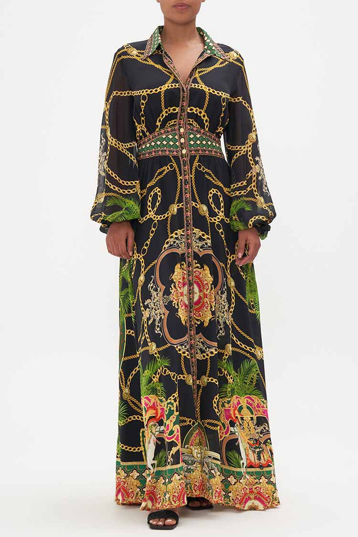 Waistband Long Dress w Collar in Jealousy & Jewels