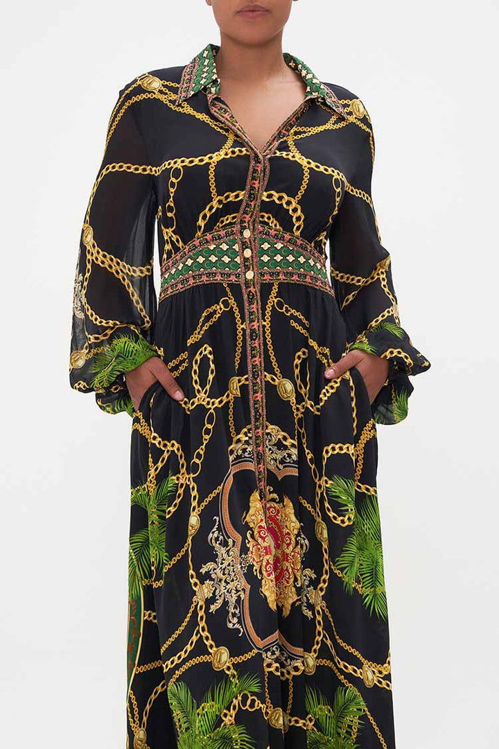 Waistband Long Dress w Collar in Jealousy & Jewels
