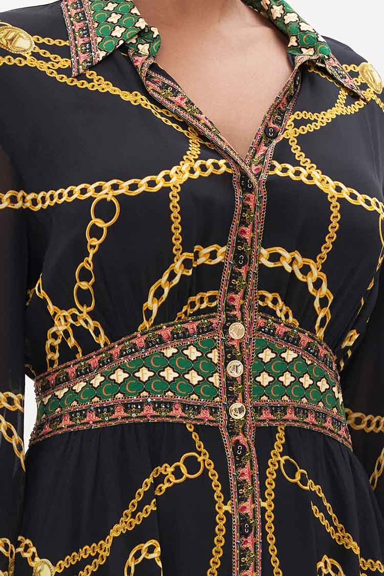 Waistband Long Dress w Collar in Jealousy & Jewels