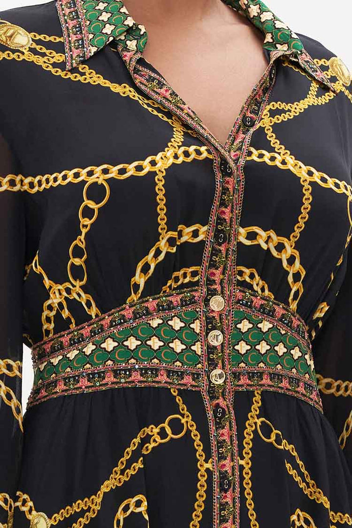 Waistband Long Dress w Collar in Jealousy & Jewels
