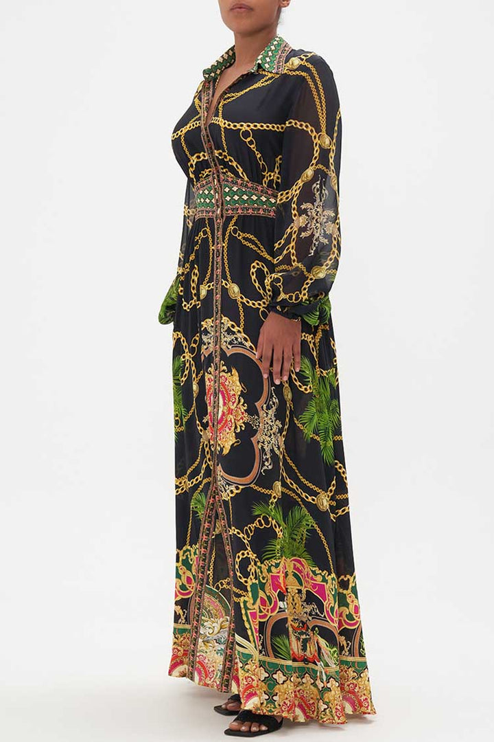 Waistband Long Dress w Collar in Jealousy & Jewels