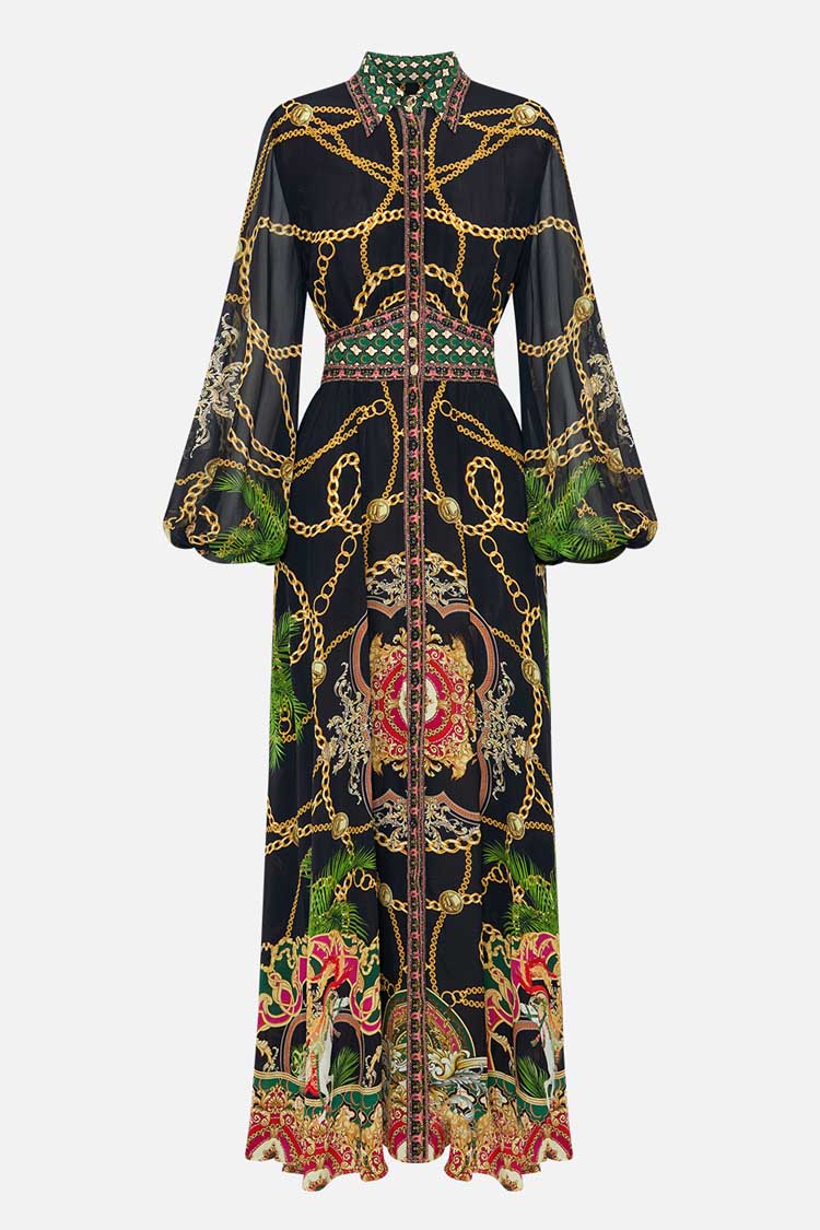 Waistband Long Dress w Collar in Jealousy & Jewels