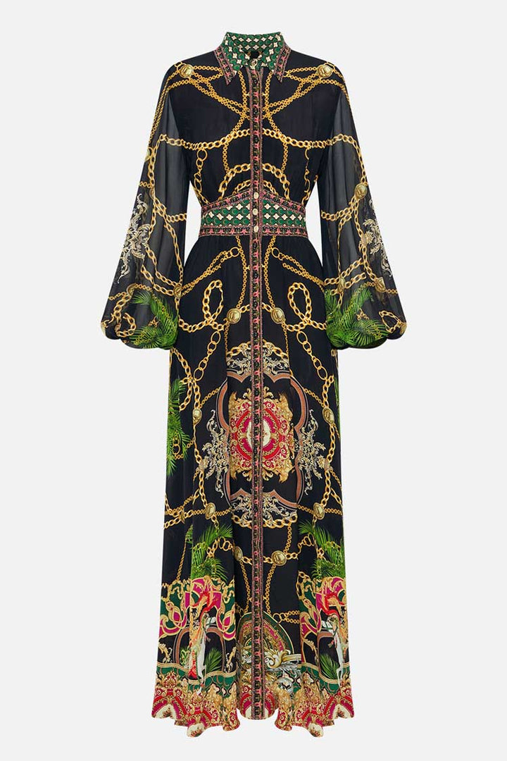 Waistband Long Dress w Collar in Jealousy & Jewels